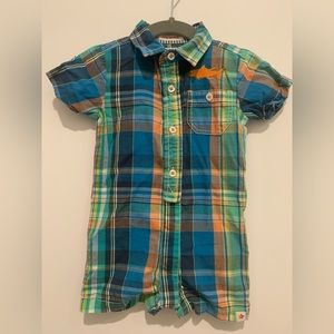 Hatley plaid shorts and short sleeve romper. Size 3-6 months.